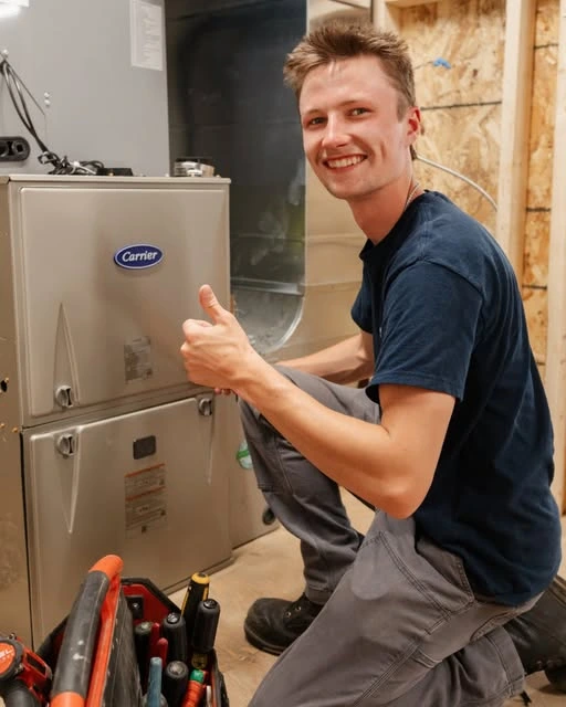 Climate Works technician smiling beside a furnace with his tool bag