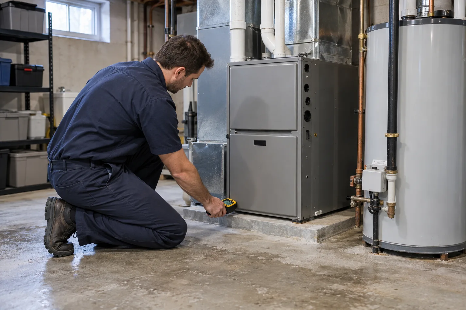 HVAC technician inspecting a furnace after basement flood water exposure