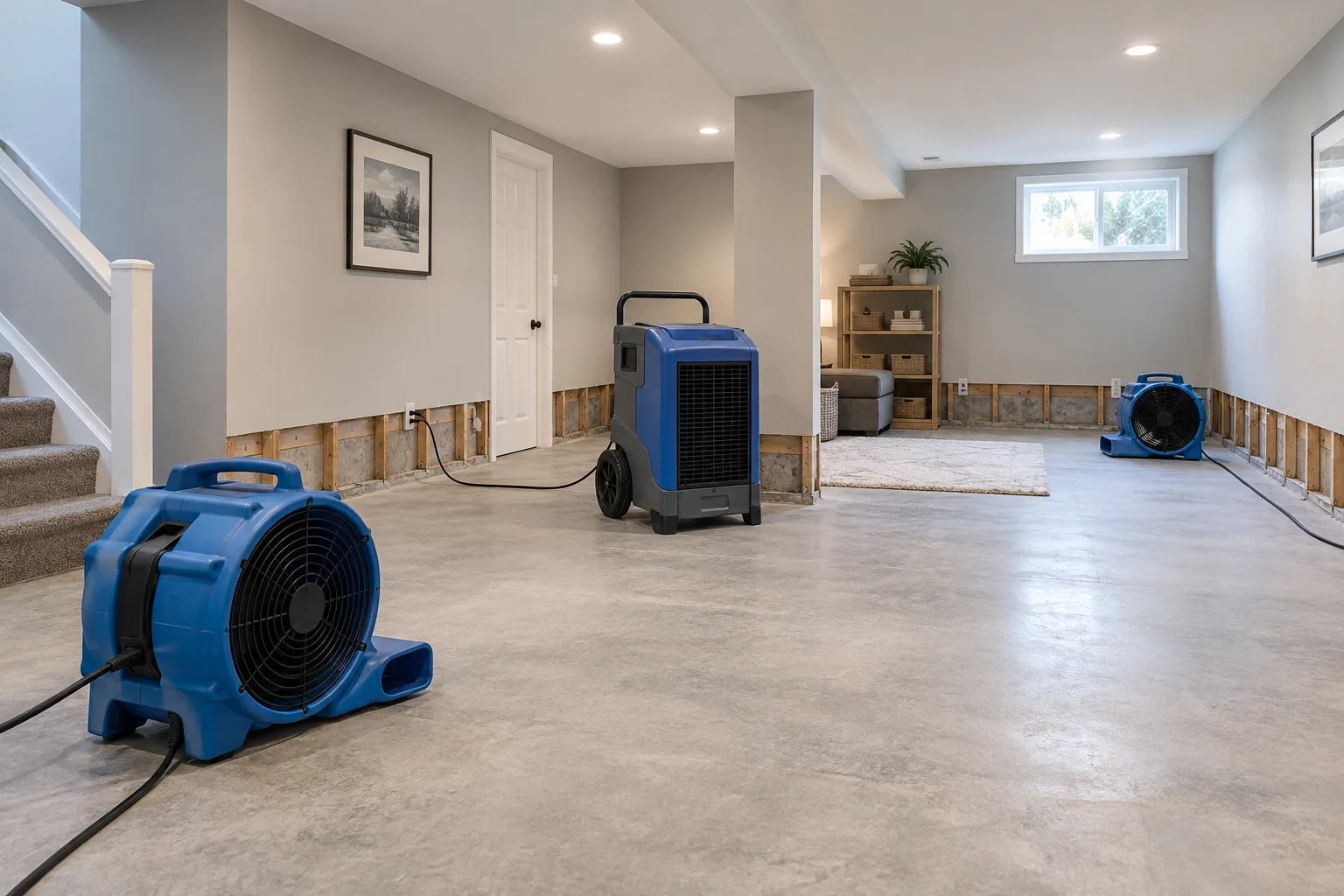 Professional air movers and dehumidifier drying a flooded Ottawa basement