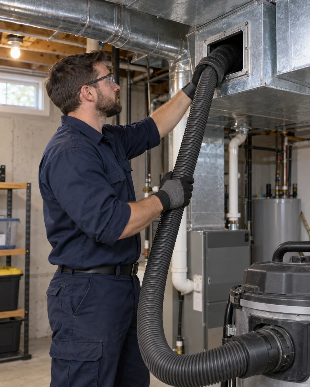 Technician connecting a vacuum extraction hose to residential HVAC ductwork