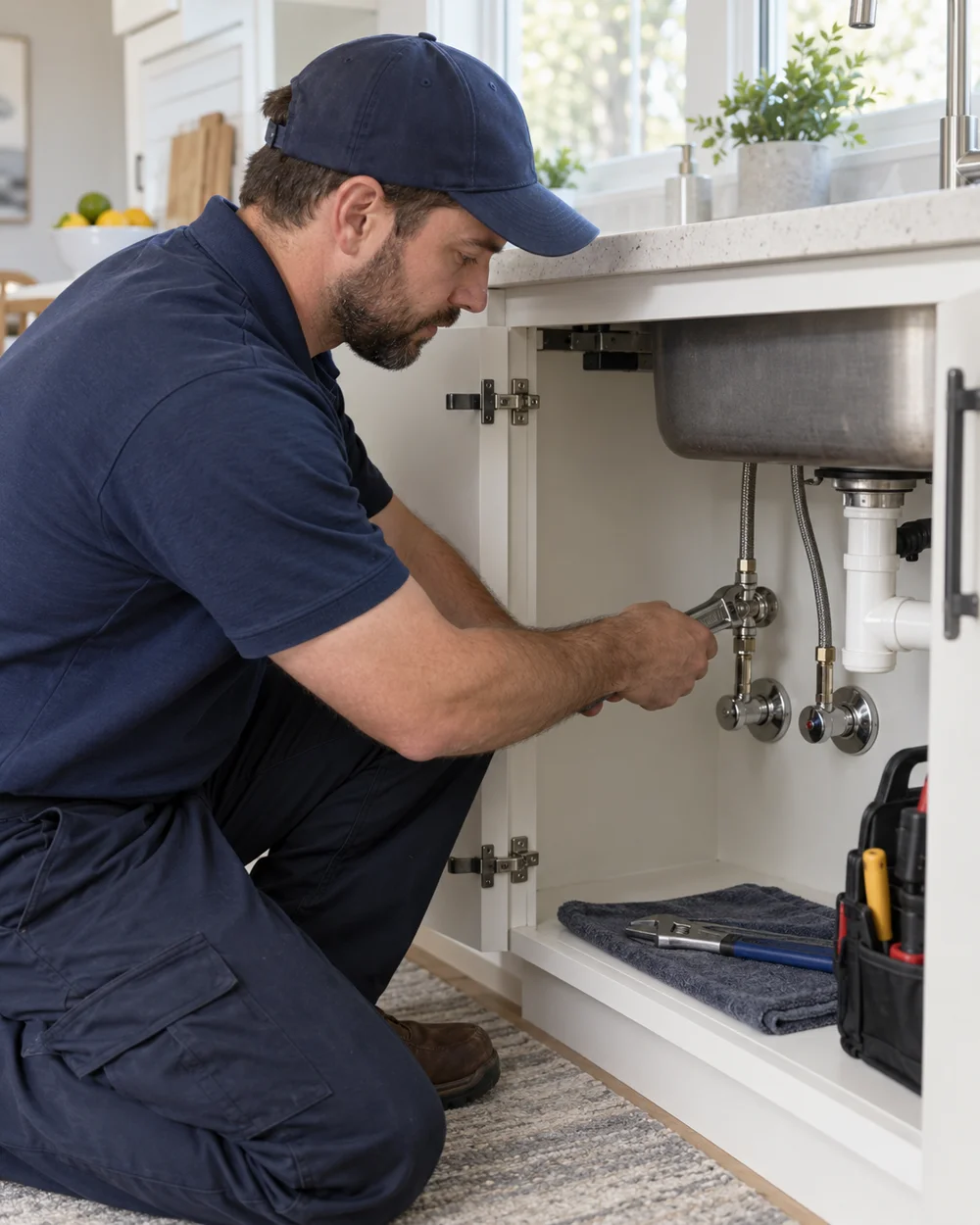 Plumber inspecting water supply fittings under a kitchen sink