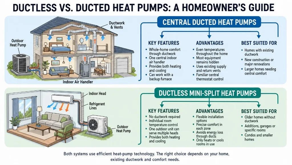 Climate Works infographic: ductless vs ducted heat pumps — a homeowner’s guide