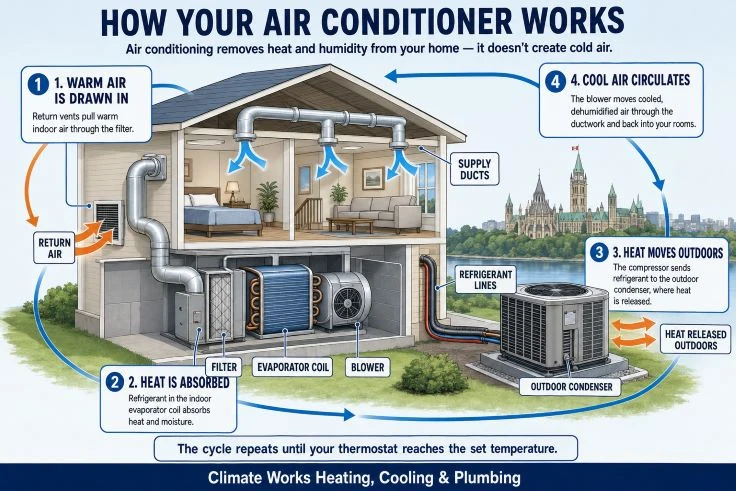Climate Works infographic: how your air conditioner works — four-step cycle showing return air, evaporator coil, outdoor condenser, and refrigerant loop