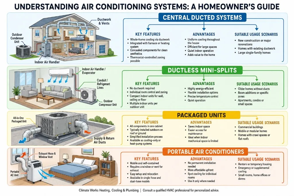 Climate Works infographic: understanding air conditioning systems — central ducted, ductless mini-split, packaged unit, and portable AC